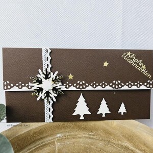 Gutschein- oder Geldgeschenkverpackung Braun-Weiß-Gold mit Christbäumen