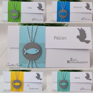 Gutschein- oder Geldgeschenkverpackung Kommunion - Konfirmation - Taufe, versch. Farben zur Wahl mit Fischen