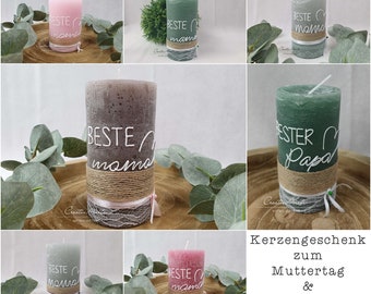 Muttertagskerze - Vatertagskerze - Geschenk "Beste Mama oder Bester Papa" in Taupe, Altrosa, Eukalypthus, Hellgrau oder Olive