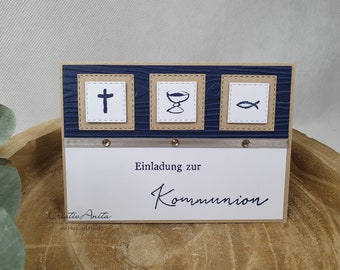 Einladungskarte Einladung zur Kommunion, Konfirmation oder Taufe in Natur-Dunkelblau - Christlich