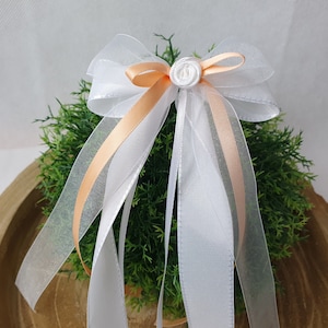 10 St. Autoschleifen in helles APRICOT mit WEISS oder CREME - Antennenschleifen zur Hochzeit
