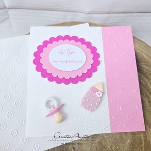 Glückwunschkarte zur Taufe ROSA mit Schnuller, Fläschchen - Mädchen