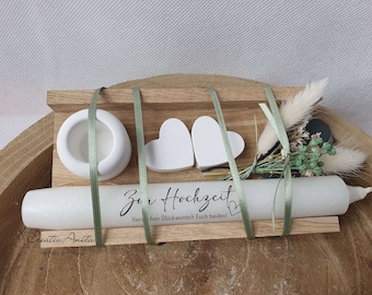 Hochzeitsgeschenk - Geschenkset mit zwei Herzen aus Beton, Kerze, Kerzenständer und Trockenblumen dekoriert