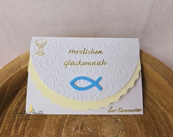 Glückwunschkarte Weiß-Creme Holzfisch blau zur Kommunion