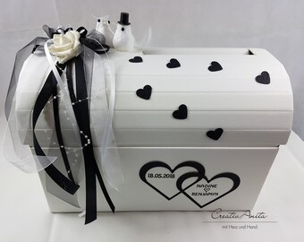 Briefbox Truhe HERZEN SCHWARZ Hochzeit Geschenkbox