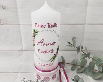 Taufkerze glatte Kerze weiß Mädchen Blumenkreis weiß-beere perlmutt mit Spitzenband