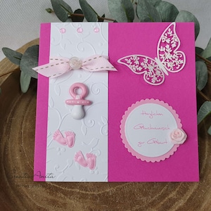 Glückwunschkarte zur Geburt BABY Mädchen rosa-pink-weiß mit Schmetterling