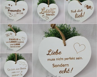 Holzherzen weiß mit verschiedenen Sprüchen - Schild zum Hängen mit Jutekordel, Shabbystil