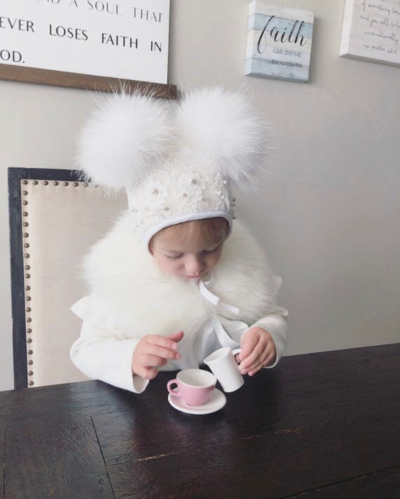 Cream Wool Double Pom-baby Bonnet (leave Me a Note at Checkout If
