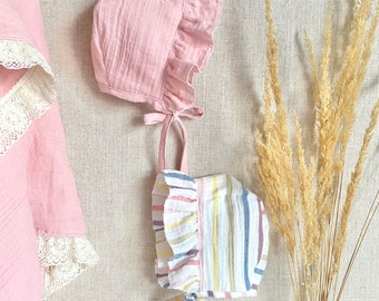 Pink/  Rainbow / White gauze baby girl bonnet