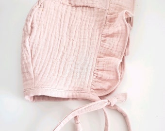 Dusty Pink organic gauze baby girl bonnet