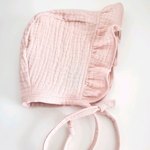 Dusty Pink organic gauze baby girl bonnet