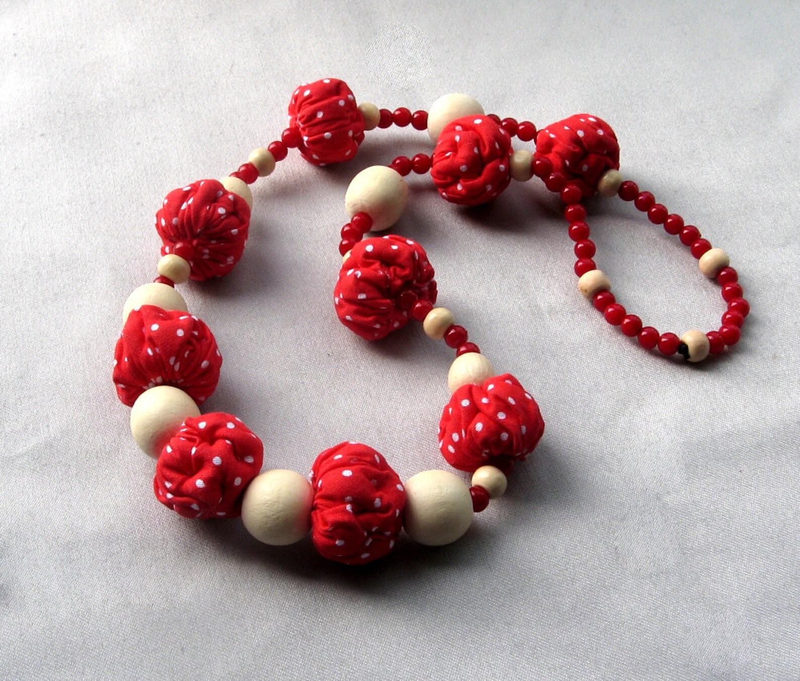 Red White Bead Necklace Boho Polka Dots Textile Long Necklaces Etsy