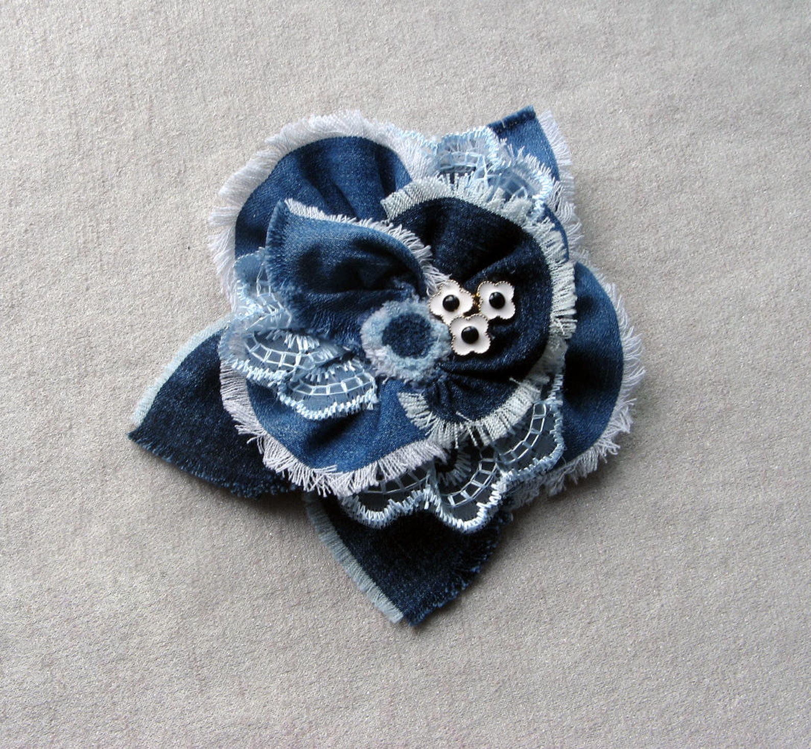 Blue Boho Jeans Flower Large Brooch With Lace Metal Flowers Etsy