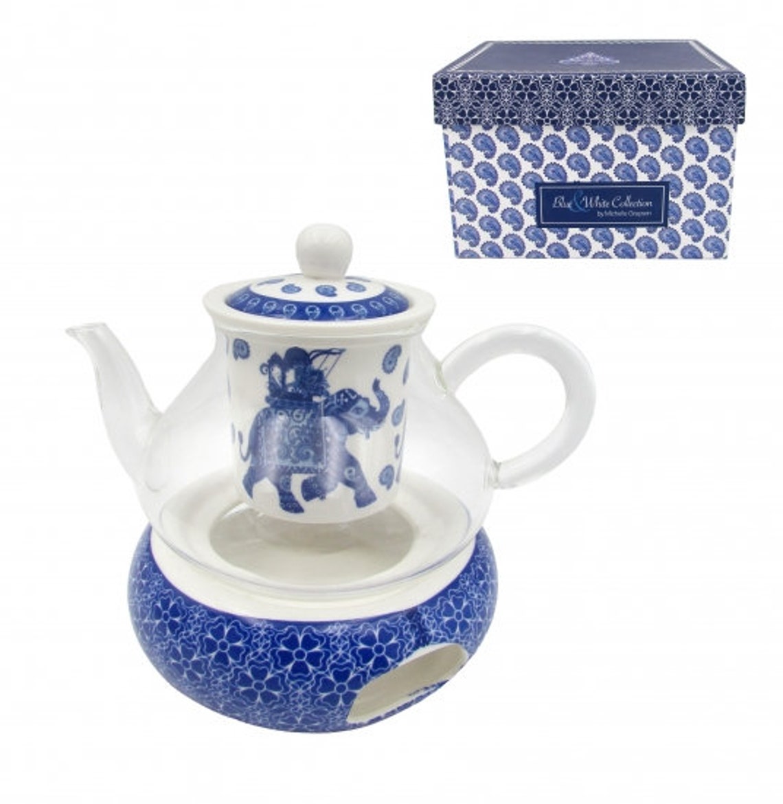 Blue White Elephant Glass Teapot w/Ceramic Warmer Base Kitchen Etsy