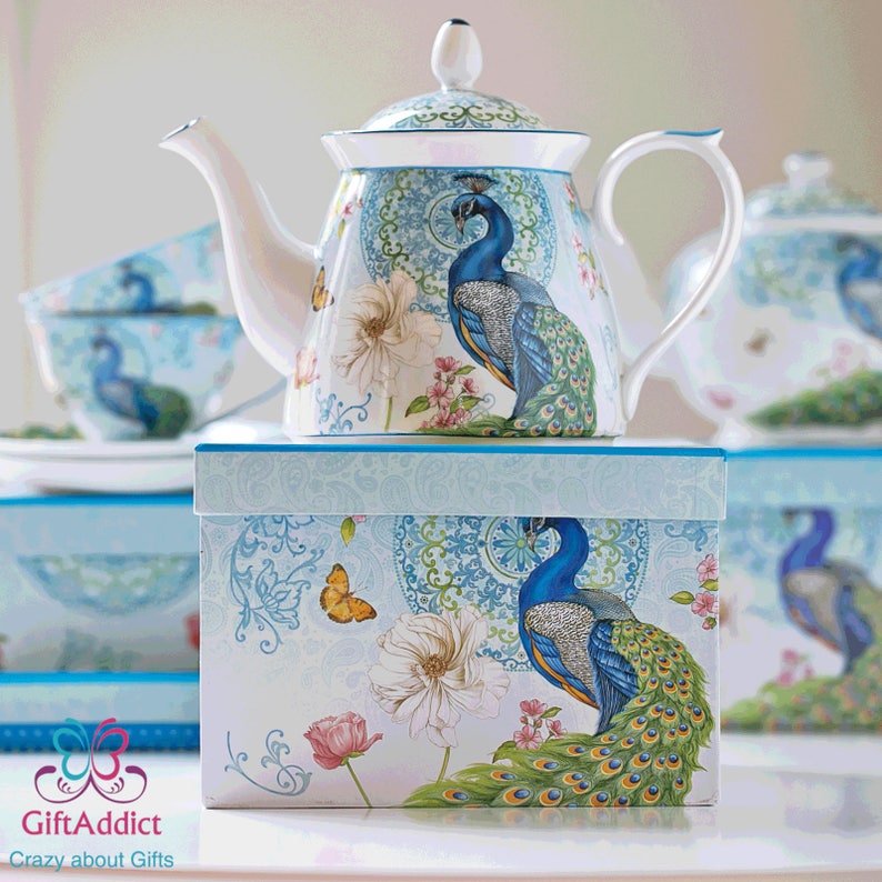 Fine Bone China Peacock Teapot 1Litre Ceramic Kitchen Etsy