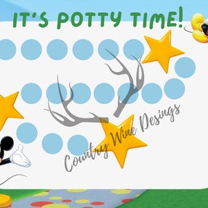 May include: A printable potty training chart featuring Mickey Mouse. The chart has a row of 12 blue circles and two yellow stars. The text "It's Potty Time!" is at the top of the chart. The text "Country Wine Designs" is at the bottom of the chart.