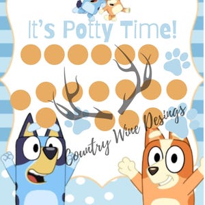 Puede incluir: Un perro azul y blanco y un perro naranja y blanco con el texto "It's Potty Time!" sobre un fondo blanco con rayas y lunares azules y blancos. La imagen también incluye un diseño de asta de ciervo marrón y blanco con un círculo de puntos marrones.