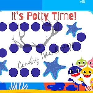 May include: A printable potty training chart featuring a blue ocean scene with starfish, fish, and a shark family. The chart has 15 circles to color in as a child uses the potty. The text "It's Potty Time!" is at the top of the chart.