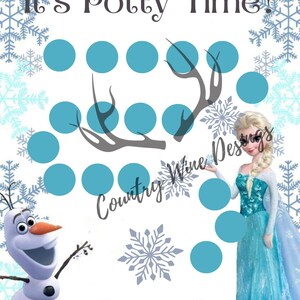 May include: A blue and white printable potty training chart featuring Elsa and Olaf from the film Frozen. The chart has a blue circle with a snowflake in the centre and the text "It's Potty Time!" at the top.