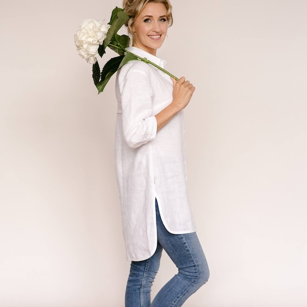 Tunique en lin, chemise en lin blanc, haut long en lin, chemisier en lin, tunique en lin, vêtements en lin.