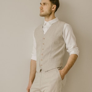 Men's Rustic Linen Vest: Casual Minimalist Waistcoat for Groom, Beach Wedding, Summer Attire.