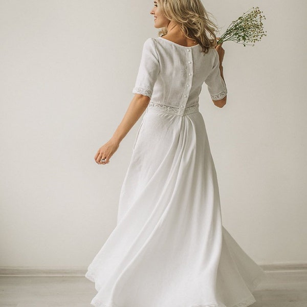 Robe de mariée en lin, robe de mariée crop top, robe de mariée deux pièces, robe de mariée bohème, tenue de mariage rustique, robe minimaliste.