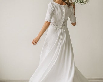 Leinen-Hochzeitskleid, Crop-Top-Hochzeitskleid, zweiteiliges Hochzeitskleid, Boho-Hochzeitskleid, rustikale Hochzeitskleidung, minimalistisches Kleid.