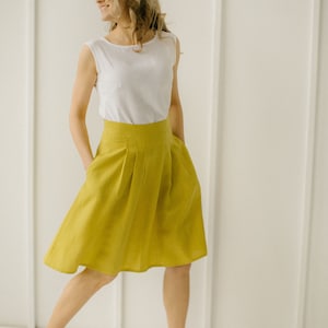 Lemon Yellow Linen Midi Skirt: High Waisted Pleated A-Line Skirt