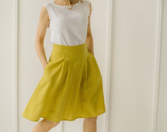 Linen Midi Skirt, Flowy Skirt, Pleated Skirt, High Waisted Skirt, Swing Skirt, Yellow Skirt.