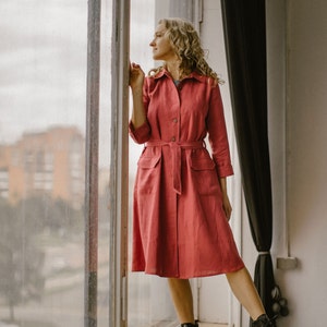 Versatile Linen Coat Dress: Lightweight Trench for Fall & Winter, Trapeze Silhouette, Long Sleeve Cardigan.