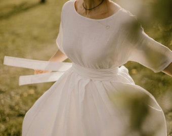 Bohemian Linen Wedding Dress / Simple, Casual, Modest Bridal Gown for Beach or Country Ceremony.