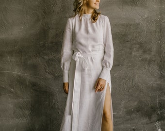 Long Sleeve Fall Linen Wedding Dress, Mock Neck Winter Wedding Gown, Bridal Outfit, Wedding Attire, Snow White Linen Dress.