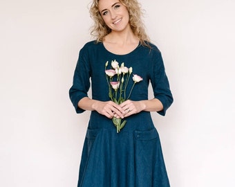 Dark Green Dress, Linen Dress, Flax Dress, Drop Waist Dress, Green Linen Dress, Multiway Dress.