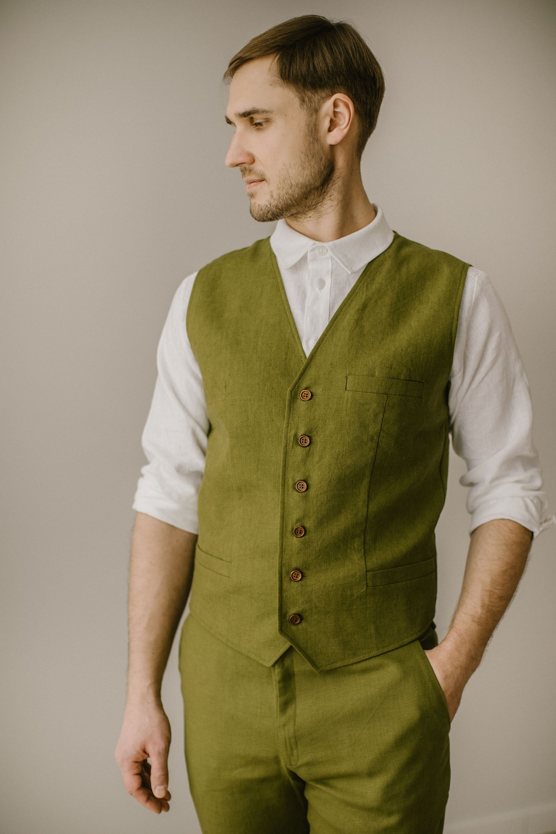 Rustic Linen Men's Waistcoat for Bohemian Weddings, Casual Groom