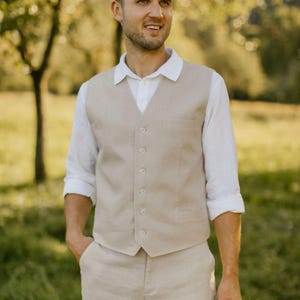 Gilet in lino fatto a mano per uomo – Realizzato su misura / Gilet rustico da uomo per sposo e testimoni immagine 11