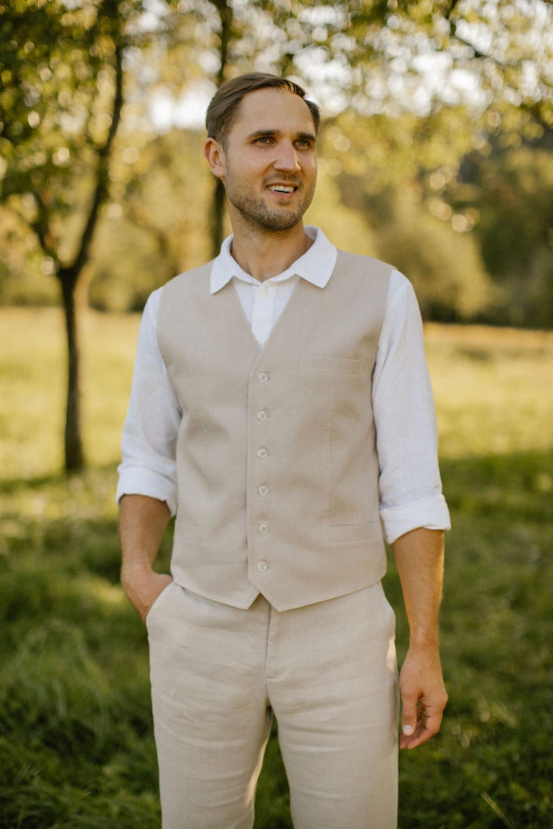 Gilet in lino fatto a mano per uomo – Realizzato su misura / Gilet rustico da uomo per sposo e testimoni immagine 11