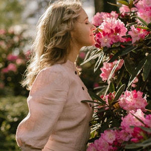 Rustic Linen Wedding Dress: Mock Neck, Half Sleeve, Dusty Rose Gown