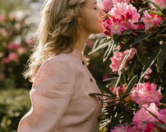 Linen Rustic Wedding Dress, Mock Neck And Half Sleeve Elegant Wedding Gown, Dusty Rose Wedding Attire, Modest Bridal Dress.