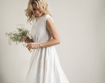 Linnen Griekse trouwjurk, elegante boothals bruidsjurk, minimalistische trouwjurk, eenvoudige A-lijn trouwjurk, bescheiden bruidjurk.