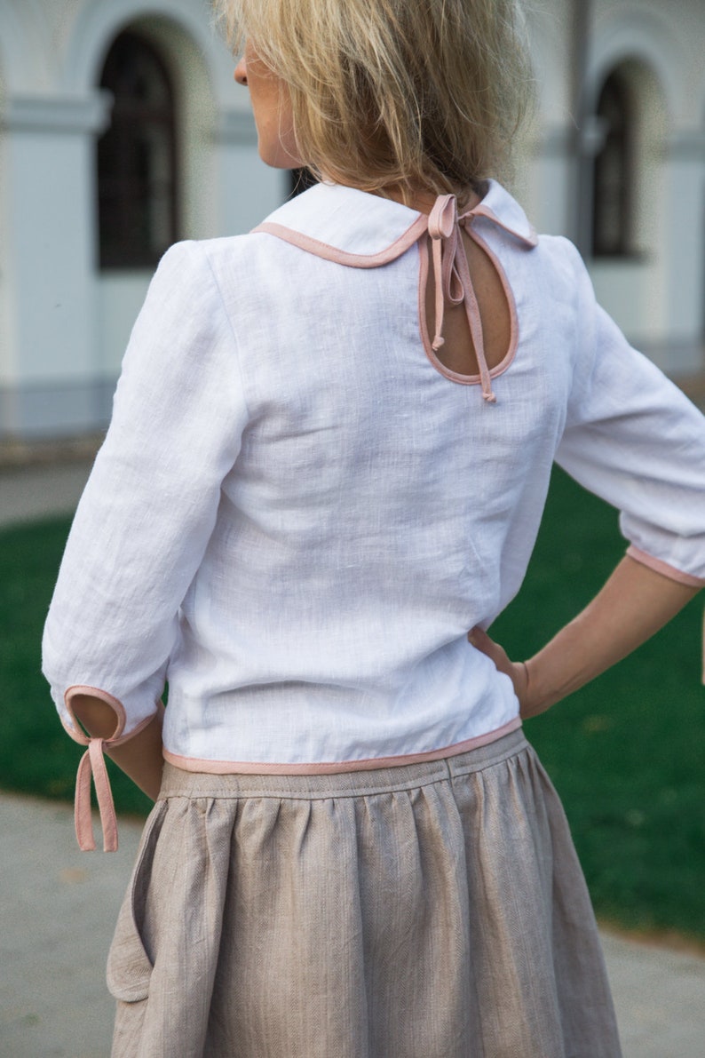 Peter Pan Collar Blouse, White Linen Blouse, Vintage Inspired Linen Top, Two Color Blouse, Sustainable Fashion Top, Linen Clothing. image 2