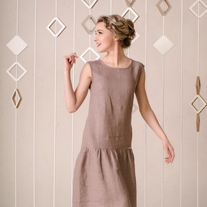 Linen Midi Dress With Elastic Waist, Loose Fit Linen Dress With Crew Neck  and Drop Shoulders, A Line Linen Dress, Simple Linen Dress FORTUNE 