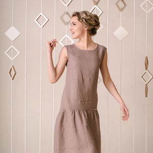 Sleeveless Linen Tank Dress with Drop Waist - Summer Casual Minimalist Everyday Modest Clothing.