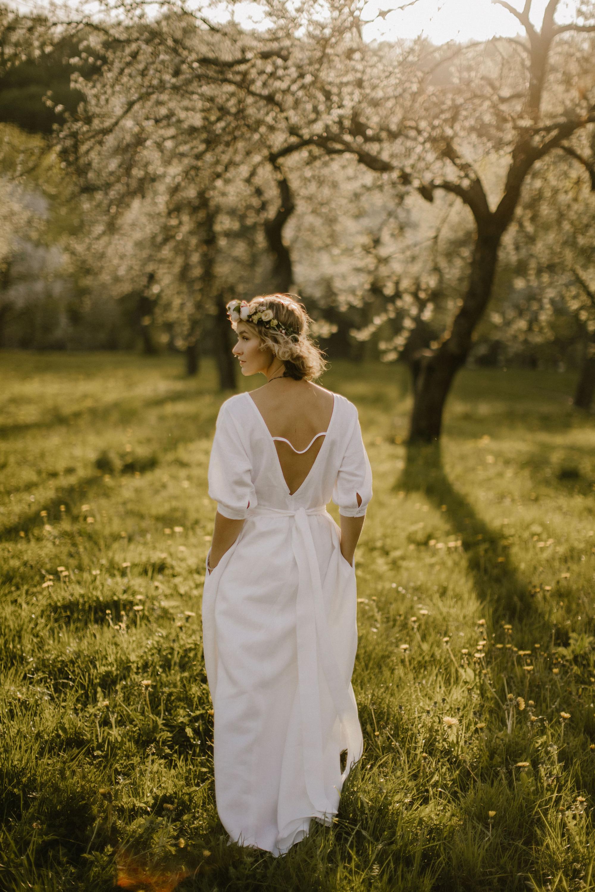 Minimalist Lithuanian Linen Wedding Dress with Open Back - Simple, Modest, Relaxed Fit Gown.