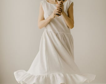 Asymmetrical Wedding Dress, Linen Open Back Wedding Gown, Loose And Simple Bridal Dress With A Modern Twist, Fluttering Marriage Outfit.