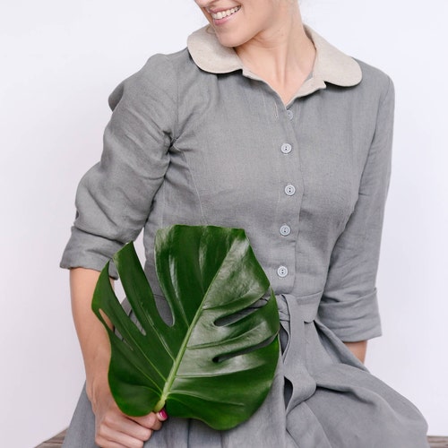 Linen shops Peter Pan Collar Dress, Vintage Long Sleeve Grey Dress, Flax Dress.