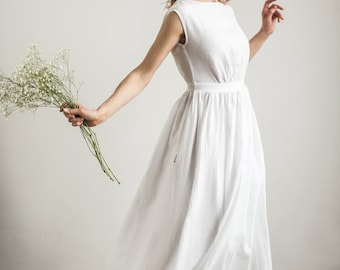 Boat Neck Linen Wedding Dress, Rustic Bridal Dress, Simply Elegant, Modest And Beautiful Wedding Dress, Minimalist Wedding Outfit.