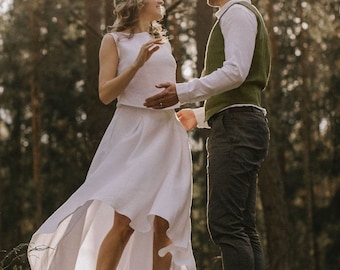 High Low Wedding Dress, Two Piece Linen Wedding Dress, Crop Top Bridal Gown, Forest Wedding Outfit, Wedding Attire, Linen Clothing.