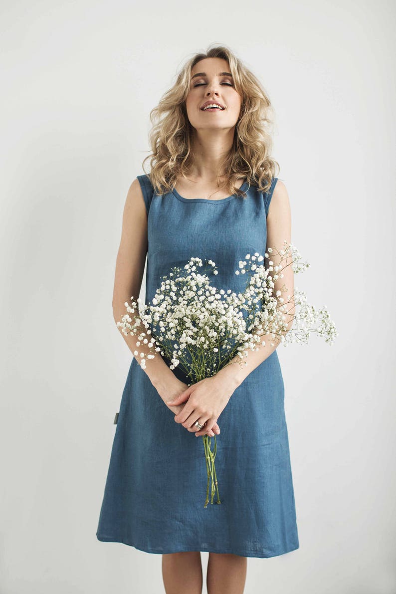 Made to Order Dress, Locally Made Dress, Minimalistic Blue Linen Dress, Eco-Friendly Apparel, Sustainable Fashion, Ethically Made Clothing. image 2