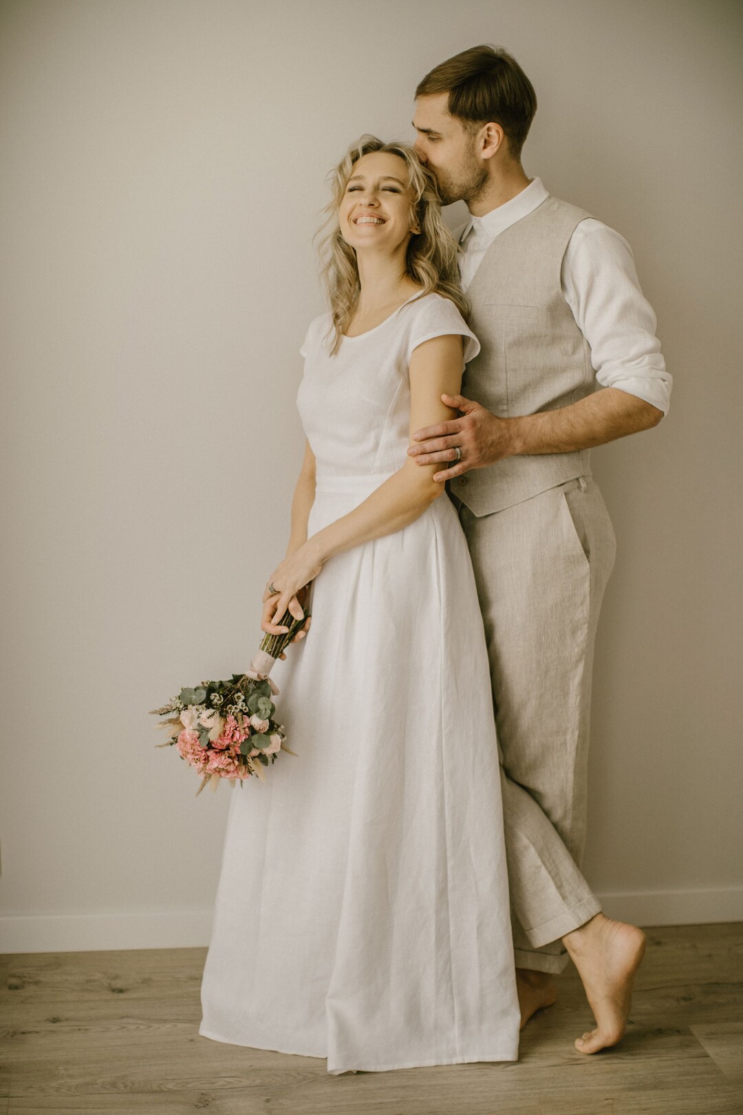 Elegant A-Line Linen Wedding Dress / Modest, Rustic, Forest-Inspired Gown for Boho Brides